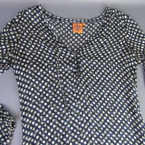 Tory Burch Polka Dot Sheer Peasant Top Women's Size 8 Navy Blue Silk Shirt